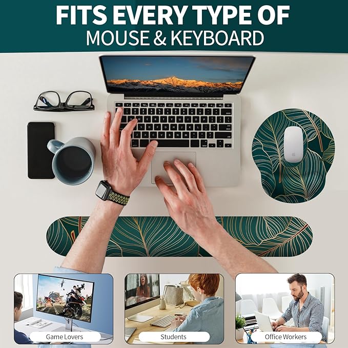 eulps Mouse Pad Wrist Support, Ergonomic Memory Foam Keyboard Wrist Pad & Gel Wrist Rest Set for Computer Keyboard for Easy Typing for Office & Home (Tropical Plants Set)