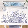Colorful Star Large Mouse Pad, Floral Desk Mat Office Supplies, Waterproof Faux Leather Big Gaming Mousepad for Women Girls, Vintage Blue Flowers Desk Pad Home Office Décor Accessories 31.5" x 15.7"