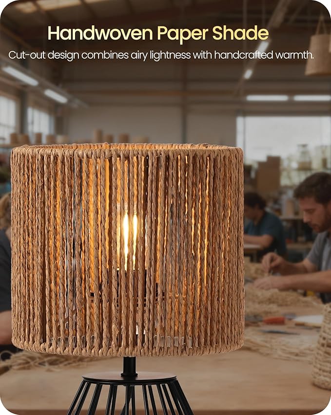 Small Bedside Lamp, Boho Table Lamp with Handwoven Paper Lampshade & Black Metal Base, Rattan Desk Lamp, Modern Nightstand Lamp for Bedroom, Living Room, 2700K LED Bulb Included, SW06TL05