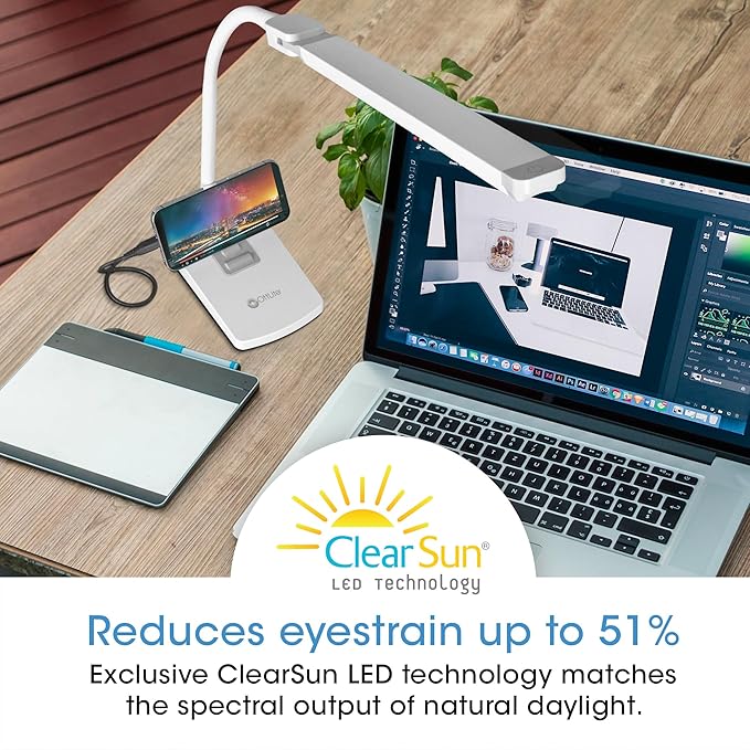 Ottlite Swivel LED Desk Lamp with USB Charging and Stand - ClearSun LED Technology - Adjustable & Flexible Neck, Touch Switch, Dimmable & Integrated Phone Holder - Desk Lamp for Work, Study & Reading