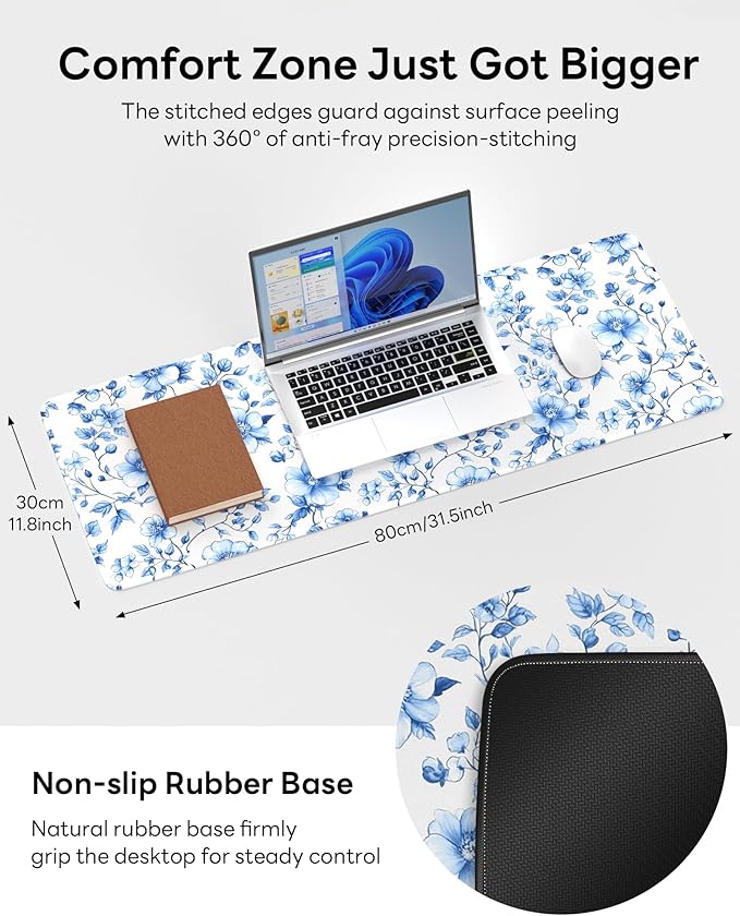 Floral Mouse Pad, 31.5 x 11.8 Large Desk Mat with Stitched Edges & Non-Slip Base, Mousepad for Office, Home, Work, Blue White Flower