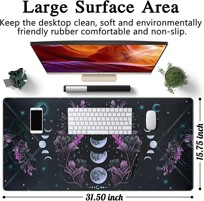 Celestial Moon Phases Mouse Pad Large Purple Desk Mat Forest Extended Gaming Mousepad Violet Teal Desk Pad XXL 31.5 x 15.7 in Laptop Computer Mouse Keyboard Mat for Office Desk Decor