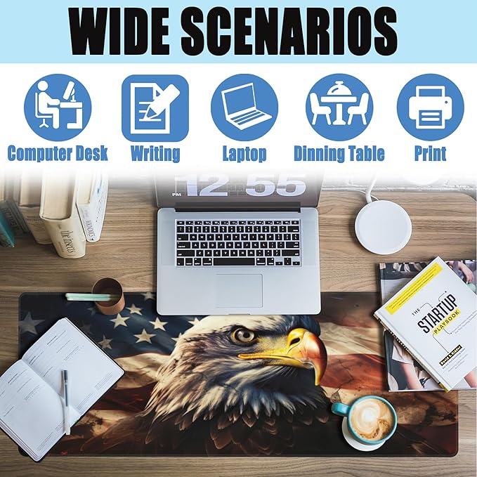 Desk Mat,American Bald Eagle Large Gaming Mouse Pad XL,USA Flag Eagle Desk Pad,Extended Big Computer Keyboard Mousepad with Non-Slip Base and Stitched Edge 31.5"x11.8"