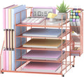 Rose Gold Desk Accessories, 5-Tier Desk Organizer with Magazine Holder, Paper Organizer with Pen Holder for Home, Office or School Supplies