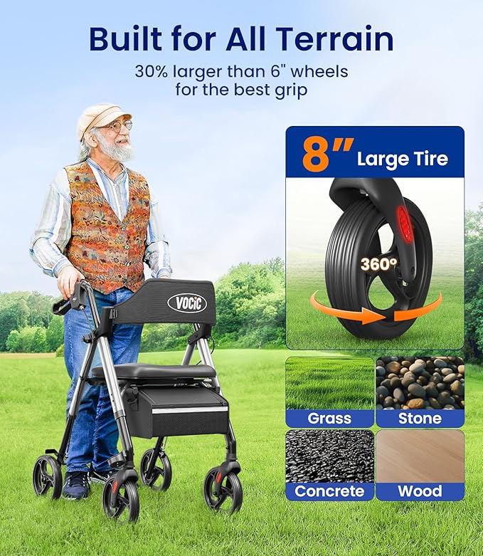 VOCIC Walkers for Seniors, Z21 Rollator Walker with Seat Supports 350lb, 8" Big Wheels for All Terrain, Ergonomic Arc Seat & 6" Ultra Backrest Foldable Walker, Dual Height Adjustment, Lightweight 2026