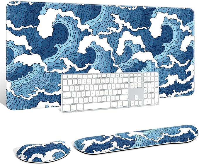 Auhoahsil Large Mouse Pad with Wrist Rests for Keyboard & Mouse, Thick Soft Ergonomic Memory Foam Wrist Supports, Big & Long Desk Mat 35.5 x 15.7 in, for Office Gaming Computer, Blue Wave