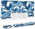 Auhoahsil Large Mouse Pad with Wrist Rests for Keyboard & Mouse, Thick Soft Ergonomic Memory Foam Wrist Supports, Big & Long Desk Mat 35.5 x 15.7 in, for Office Gaming Computer, Blue Wave