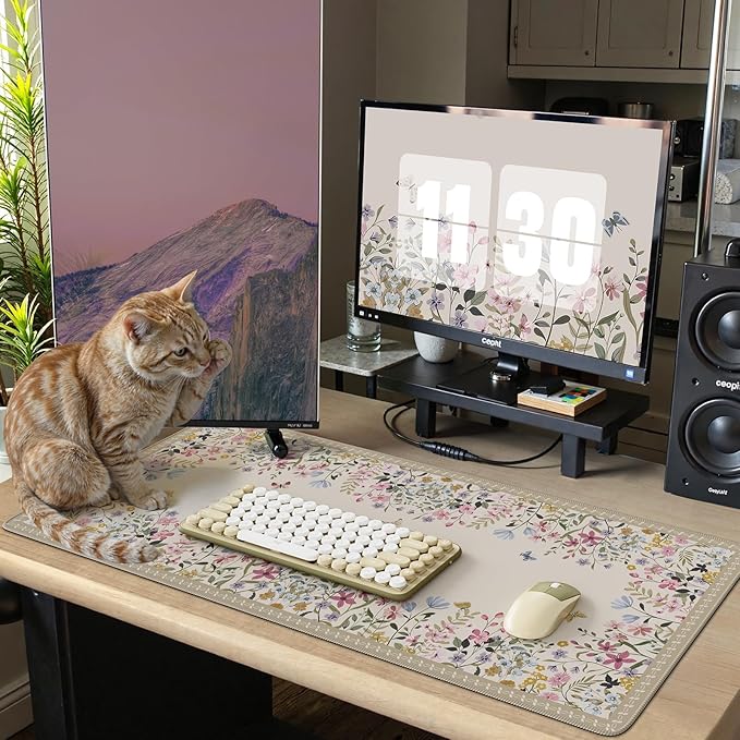 iCasso Floral Desk Mat for Keyboard and Mouse,Cute Gaming Mouse Pad XXL,Anti-Slip Desk Matt for Desktop,Soft Lycra Surface Computer Mat Women,Girly Big Mousepad for Home Office (Beige)