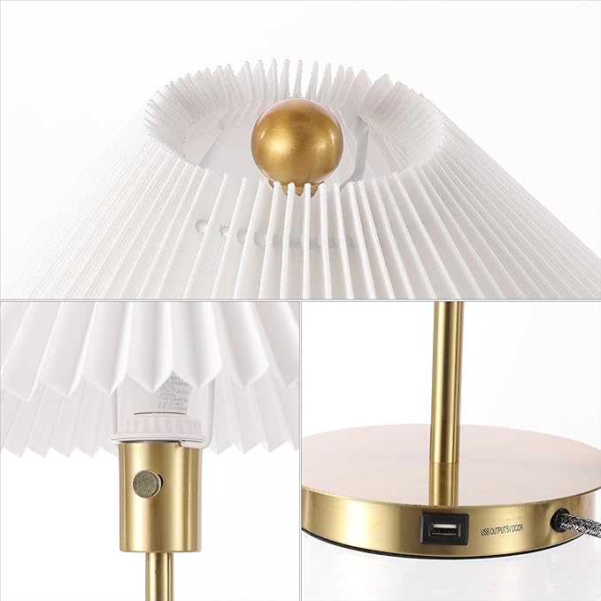JONATHAN Y 21.25" Brass Gold Modern Glam Metal Column LED Table Lamp with USB Charging Port, Scandinavian Minimalist Bedside Lamp, White Pleated Shade, LED Bulb Included JYL1149A