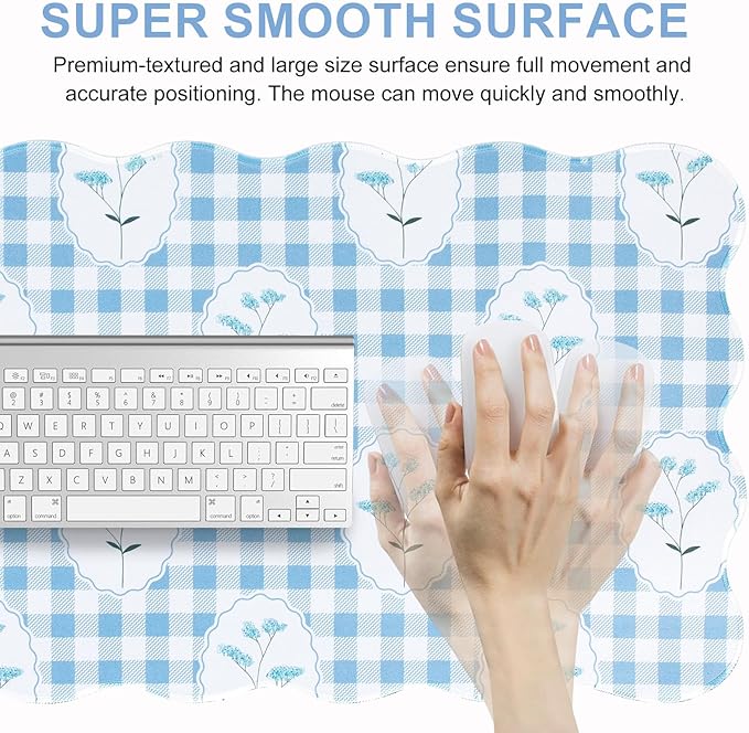 L-SPOUTTO Blue Mouse Pad,Checkered Floral Desk Mat XXL Large Scalloped Gaming Mousepad,35.4x15.7in Non-Slip Rubber Base Keyboard Pad Desktop Mat for Laptop Computer Game Home Office-Checkered Flowers