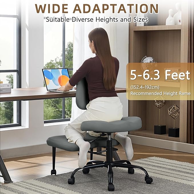 Ergonomic Criss Cross Legged Office Chair, ADHD Chair, Wide Height Adjustable Seat 360° Swivel Footstool with Wheels, PU Leather Meditation Kneeling Chair, for The Restless Home Workers, Grey
