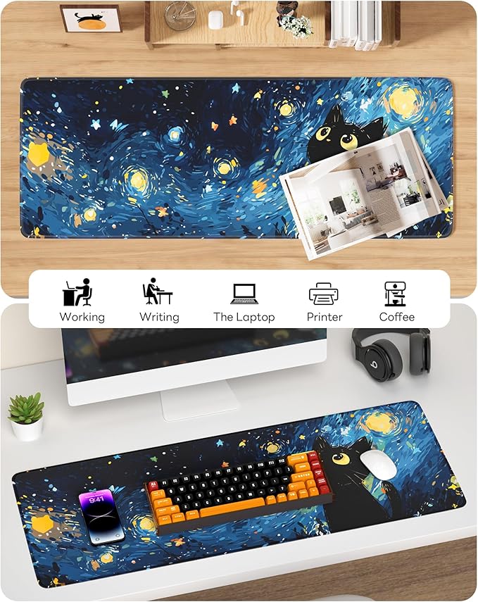Starry Night Cat Mouse Pad, 31.5 x 11.8 Large Desk Mat with Stitched Edges & Non-Slip Base, Mousepad for Office, Home, Work