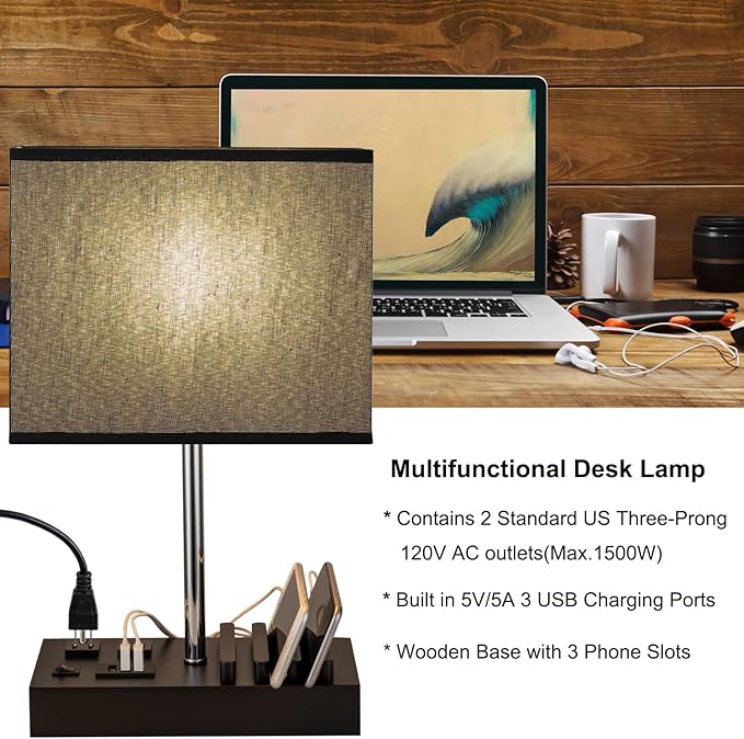 Briever USB Table Lamp, Multi-Functional Bedside Desk Lamp with 2 AC Outlets, 3 USB Charging Ports and Wooden Phone Stand Organizer, Ideal Nightstand Lamp for Bedroom, Black Shade