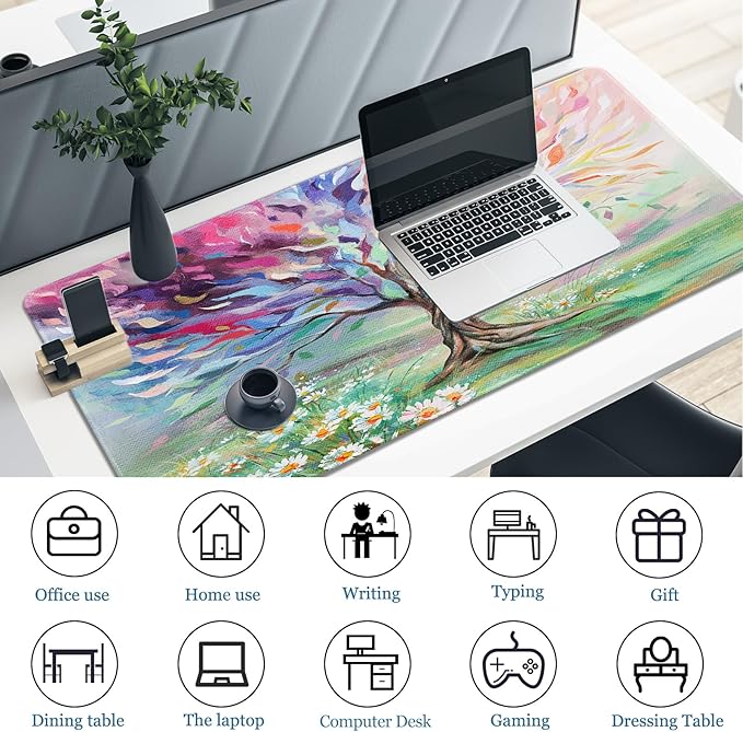 Desk Pad Oil Painting Tree, Desk Matt for Desktop, Seasons Tree of Life Gaming Mouse pad Extend XXL Large Anti-Slip Stitched Edges Waterproof Computer Laptop Keyboard Mat for Game, Home, Work, Office