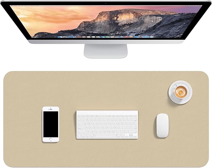 Hsurbtra Desk Pad, 30" x 14" PU Leather Desk Mat, XL Extended Mouse Pad, Waterproof Desktop Blotter Protector, Non-Slip Ultra Thin Large Laptop Keyboard Writing Mat for Office Home, Beige