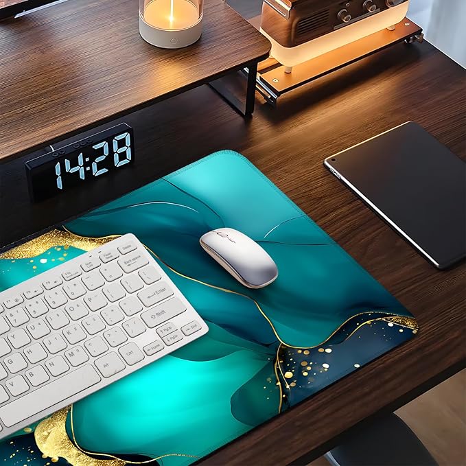 Large Mouse Pad & Keyboard Mat 35x16 Inches, Luxury Blue and Gold Gradient Fluid Art Non-Slip Rubber Base Desk Mat, Large Extended Desk Protector for Home Office Gaming Setup