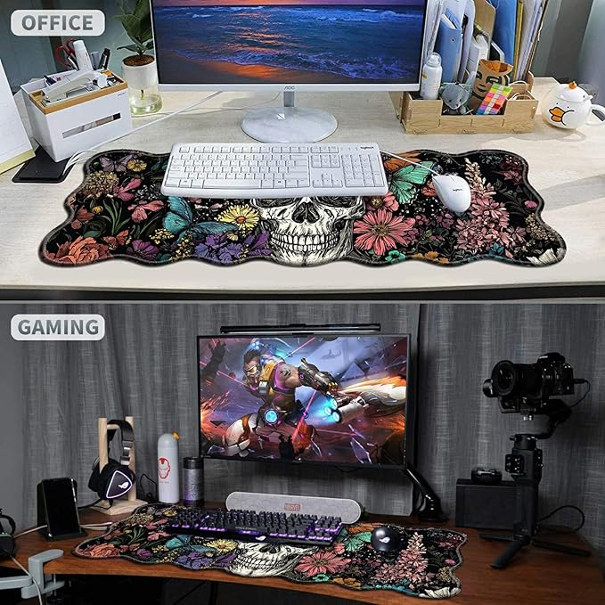 Sugar Skull Flowers Large Gaming Mouse Pad Plus a Coaster, 31.5 x 11.8 inches Desk Mat Extended XL Mousepad with Stitched Edge Non-Slip Rubber, Desk Pad Computer Mouse Mat for Home Office