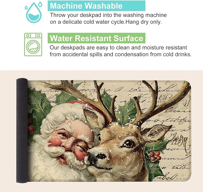 Desk Mat, XXL Extended Gaming Pad for Desktop, 35x16 Inches Santa and Reindeer Classic Scene, Large Non-Slip Vegan Leather Keyboard Mouse Mat for Home Office