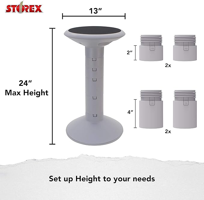 Storex Active Tilt Stool – Ergonomic Seating for Flexible Office Space and Standing Desks, Adjustable 12-24 Inch Height, Gray (00322A01C)