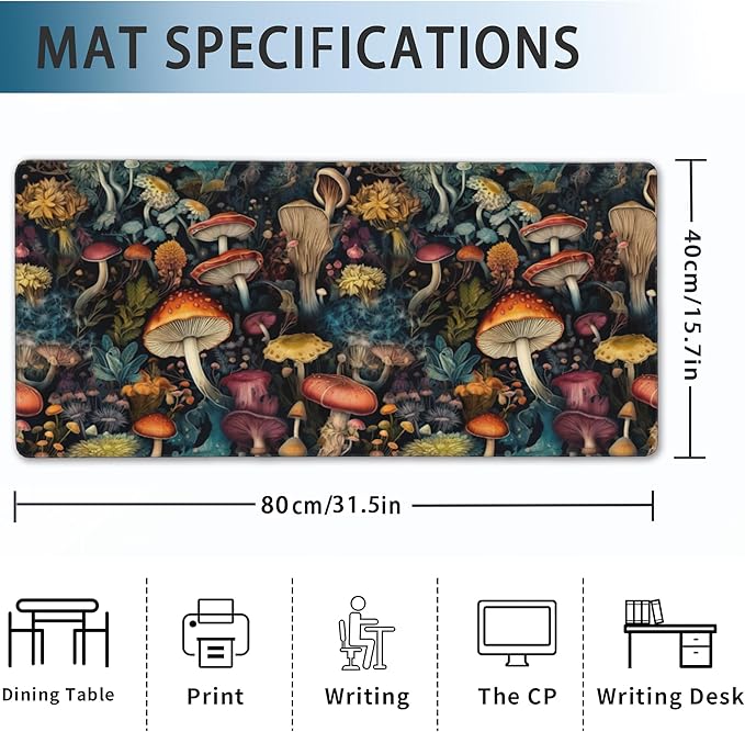 Mushrooms Desk Mat, Vintage Mushroom Floral Extended Gaming Mouse Pad Large, Big Desk Mat with Non-Slip Base and Stitched Edge, Long Computer Keyboard Mouse Mat for Home Office Work 31.5"x15.7"