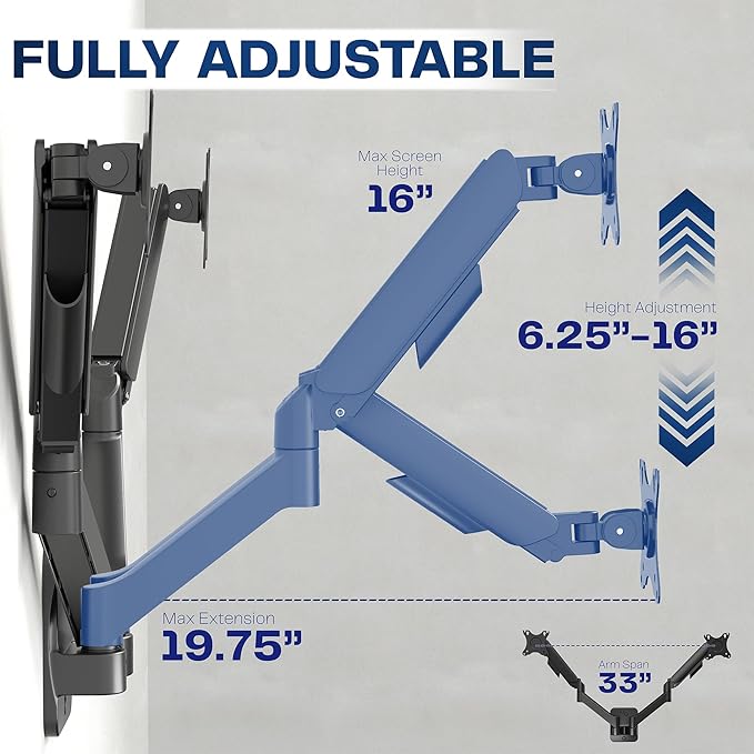 VIVO Height Adjustable Mechanical Extended Arm Dual Monitor Wall Mount Full Motion Articulating, Fits 2 Screens 17 to 32 inches, Black, MOUNT-V002G