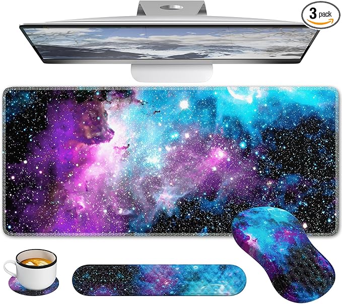 Desk Mat with Wrist Support, Desk Pad for Keyboard and Mouse, Purple Desk Mat, Keyboard Pad and Mouse Pad Combo, Ergonomic Mousepad Gaming for Office, Galaxy Space Purple Nebula