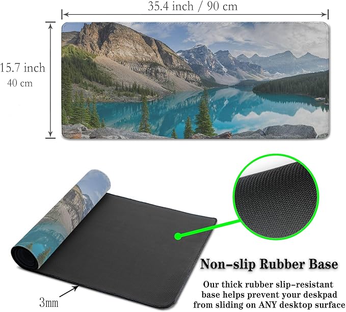 Gaming Mouse Pad Green Full Mousepad Large Desk Pad Keyboard Mat The Mousepad Non-Slip Rubber Base Waterproof with Stitched Edges 35.4 X 15.7 for Game Office, Rocky Mountains