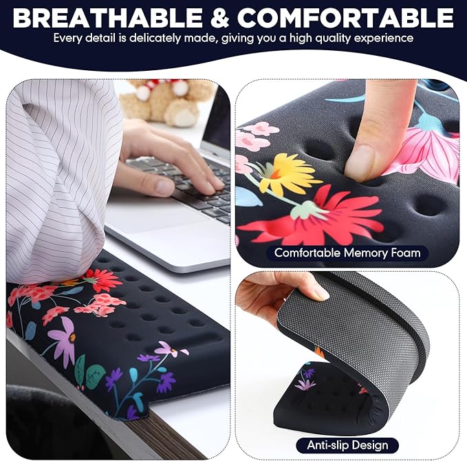 2 Pcs L-Shaped Desk Wrist Rest Elbow Pad Set Desk Edge Rest Cushion Non-Slip Memory Foam Arm Padding Wrist & Forearm & Elbow Comfort Support for Table or Table Edge(Floral Style)