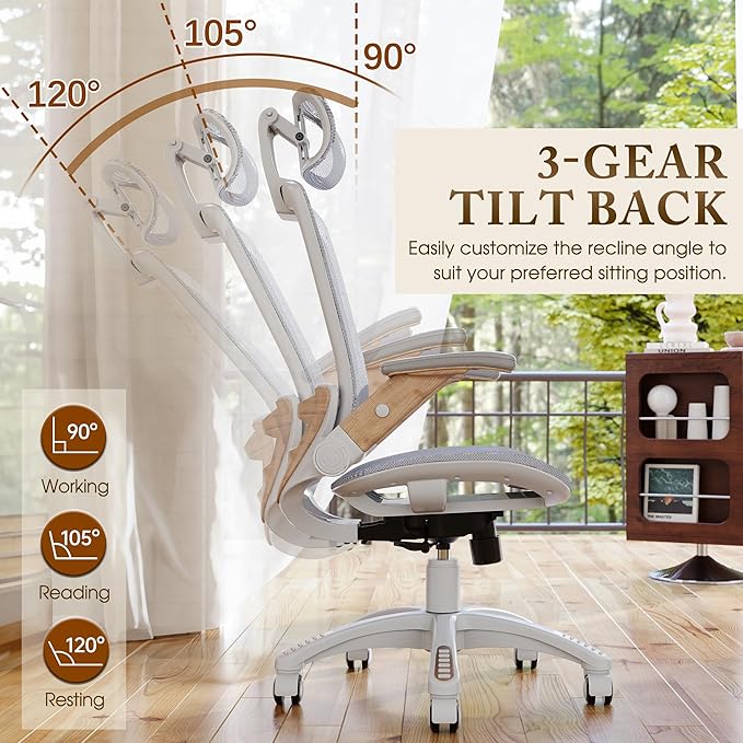 GABRYLLY Ergonomic Office Chair, High Back Home Desk Chair with Flip-Up Arms, Headrest, 90-120° Tilt and Wide Cushion, 300LBS White Mesh Chair for Work Gaming Study (GY01-NT, Woodgrain Pattern)
