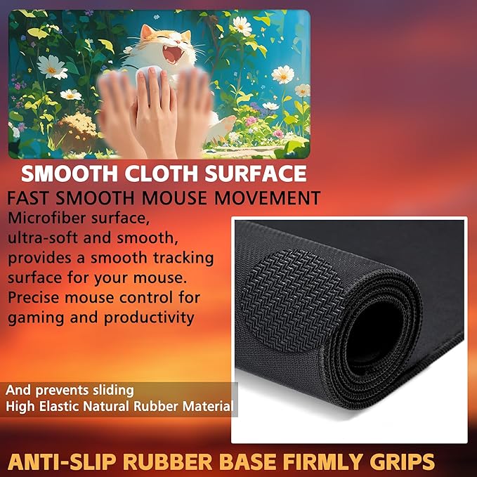 Desk Pad, Happy Fat Cat Desk Mat, Cute Anime Cat Large Gaming Mouse Pad for Desk, 31.5"x15.7" Extended Big Computer Keyboard Mouse Pad with Non-Slip Base and Stitched Edge