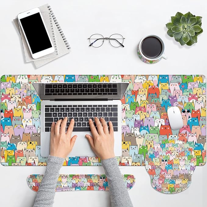 Arttown Cute Colorful Cats Desk Mat Animal Mouse Pad Set 4 in 1 Kawaii Ergonomic Design Large Desk Pad + Keyboard Wrist Rest + Mouse Wrist Rest + Coaster Suitable for Home Office Study Game