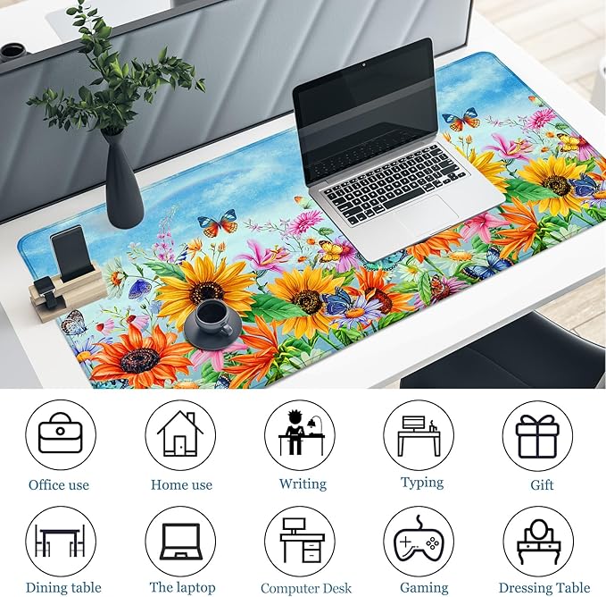 Desk Pad Sunflowers, Big Mouse Pad Flower Butterfly Women Girls Desk Mat Extended Large Gaming Mouse Pad Non-Slip Base Stitched Edge Work Home Office Desks Computer Keyboard Laptop Decor Mouse Mat