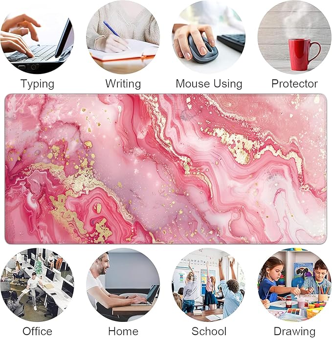 Desk Mat, Pink Marble XXL 35.4"x15.7"Large Gaming Mouse Pad, 3mm Thick Gaming Keyboard Pad,Desk Pad Non-Slip Rubber Base with Stitched Edges for Office Game Home Decor