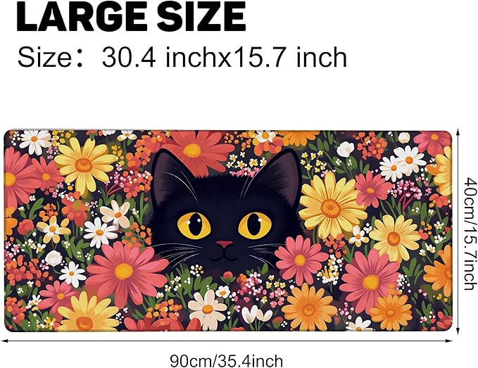 Large Mouse Pad 35.4x15.7 Inch Black Cat in Flowers Gaming Desk Mat with Non-Slip Rubber Base, Stitched Edges for Gaming,Office