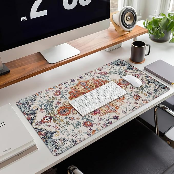 Large Gaming Mouse Pad for Desk,Boho Carpet Style Desk Mat for Desktop,Boho Rug Desk Pad,Extended Big Computer Keyboard Mouse Pad with Non-Slip Base and Stitched Edges 35.4"x15.7"