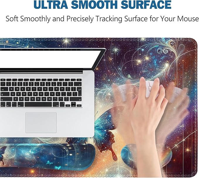 ToLuLu Large Mouse Pad Desk Pad Set, Wrist Rest Support Desk Mat for Keyboard and Mouse, 4PCS 35.4”x15.7 XXL Giant Mouse Pad, Non-Slip Base Stitched Edges Mousepad Home Office, Glittering Butterfly