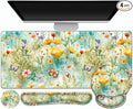 Gaming Mouse Pad, Large Desk Mat, Cute Desk Pad Protector, 4in1 XXL Mousepad + Keyboard Wrist Rest+Mouse Wrist Rest+Coaster Set with Ergonomic Desk Pad for Home Office PC Computer, Yellow Flowers