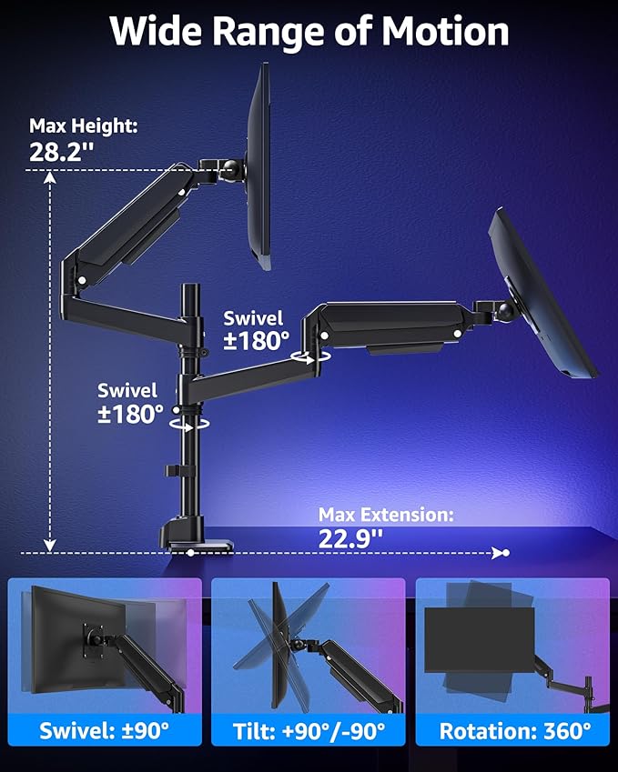 MOUNTUP Dual Monitor Stand Fits 49 45 42 40 39 34 32 Inch Screens, Heavy Duty Dual Monitor Arm Holds 4.4-44 lbs, Vertical Stacked Monitors Mount, Full Motion, Height Adjustable, VESA Mount