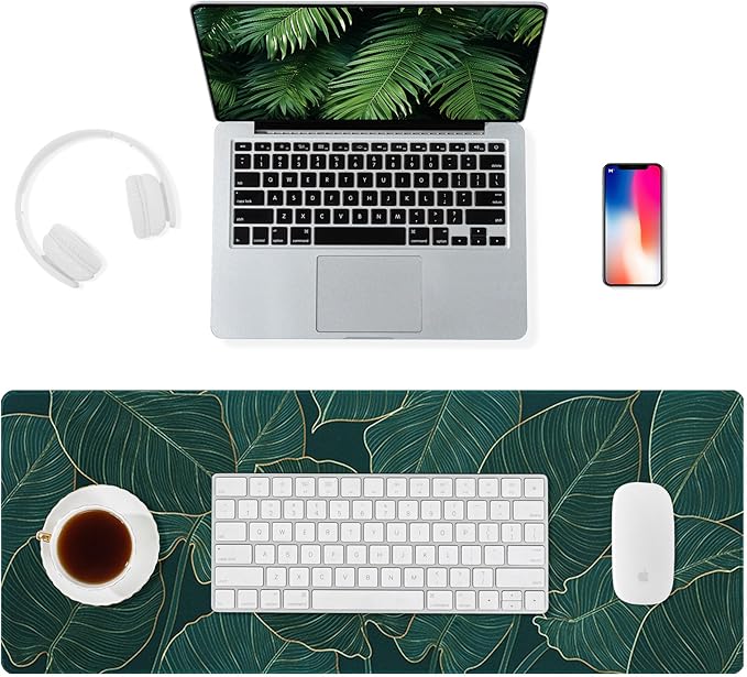 ALOANES Waterproof Mouse Pad with Durable Stitched Edge, XL Gaming Keyboard Pad, Non-Slip Rubber Base, Extended Desk pad for Gamer, Office & Home, Green Leaves Mousepad 31.5''x 11.8''x 0.12''