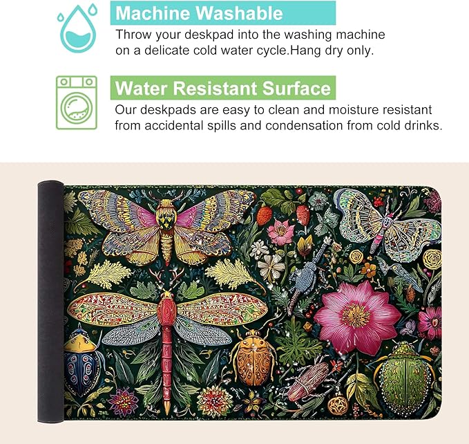 Desk Mat, XXL Extended Gaming Pad for Desktop, 35x16 Inches Butterflies and Dragonflies Garden Scene, Large Non-Slip Vegan Leather Keyboard Mouse Mat for Home Office