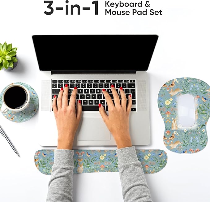 Mouse Pad Wrist Rest Support Keyboard Set Circle Coaster Gaming Mouse Pad Ergonomic Gel Memory Foam Set for Computer, Laptop, Office, Comfortably Typing Rabbit KM-40