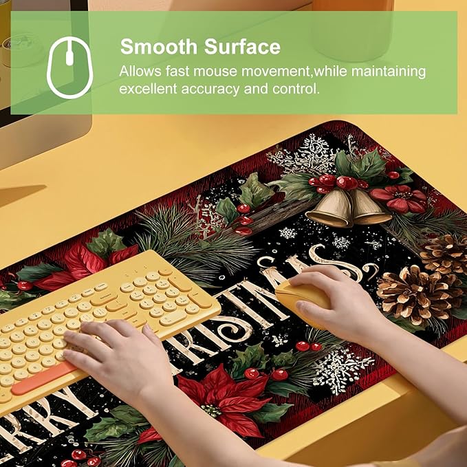 Desk Mat, XXL Extended Gaming Pad for Desktop, 35x16 Inches Floral with Flowers, Large Non-Slip Vegan Leather Surface with Stitched Edges, Keyboard Mouse Mat for Home Office