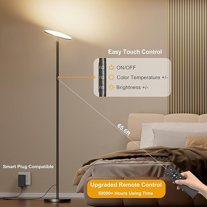 LED Floor Lamp, Bright 36W 3600LM Standing Lamp 350W Equivalent with Remote & Touch Control, Modern Torchiere Floor Lamp with 2700K-6500K Stepless Dimming, 69" Tall Lamp for Living Room Bedroom Office