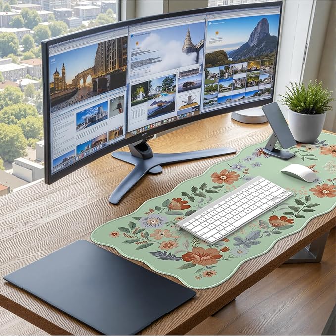 iCasso Large Mouse Pad, Scalloped Desk Matt for Desktop, Anti-Slip Big Mousepad with Stitched Edges, Floral Desk Mat for Keyboard and Mouse for Computer(Light Green)