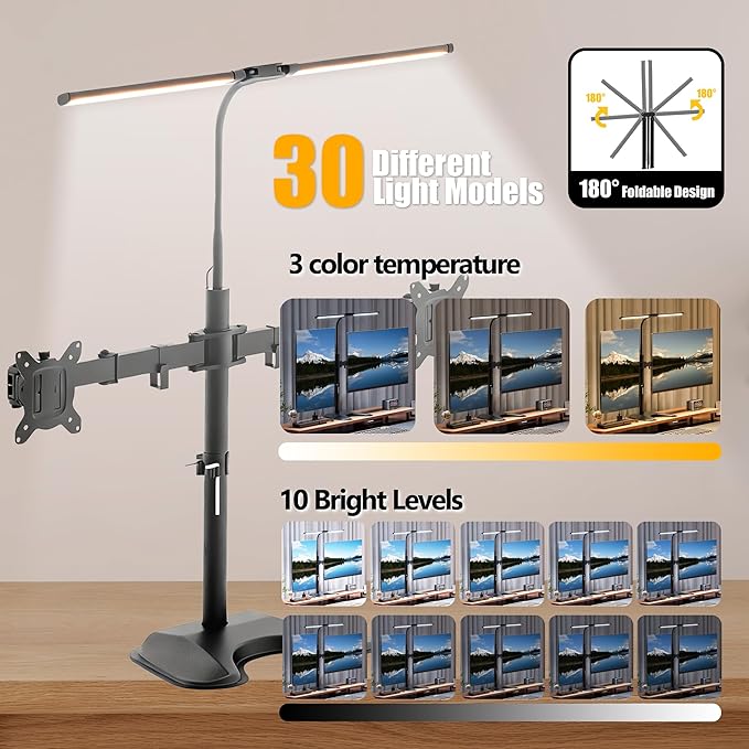 13–27″ Dual Monitor Stand for Desk with Adjustable LED Desk Lamp, Monitor Stand with Led Lights Freestanding Dual Monitor Mount (22 lbs/Arm) – Two-Screen Ergonomic Mount with Reading Lamp