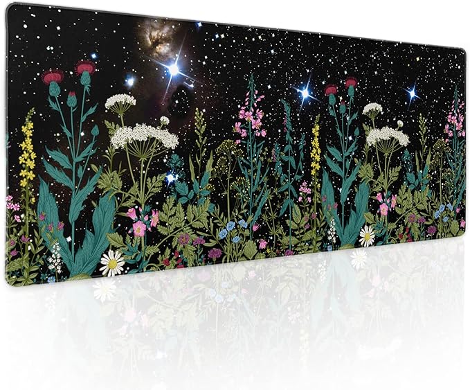 aportt Black Aesthetic Wildflower Large Mouse Pad XL Space Galaxy Weeds Herb Cute Floral Extended Desk Mat Big 80X30 CM Non-Slip Rubber Base Stitched Edge Long Mousepad,31.5×11.8 Inch