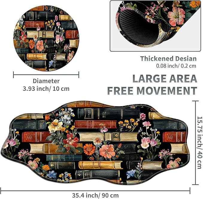 Flowers Bookshelves Large Gaming Mouse Pad Plus a Coaster, 35.4 x 15.7 inches Desk Mat Extended XXL Mousepad with Stitched Edge Non-Slip Rubber, Desk Pad Computer Mouse Mat for Home Office
