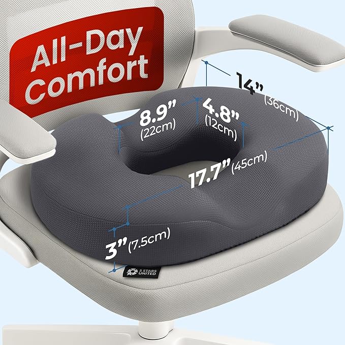 5 STARS UNITED Donut Pillow Hemorrhoid Tailbone Cushion – Large Floor Cushion for Coccyx, Prostate, Sciatica, Pelvic Floor, Pressure Sores, Pregnancy & Postpartum Recovery Support, Dark Gray