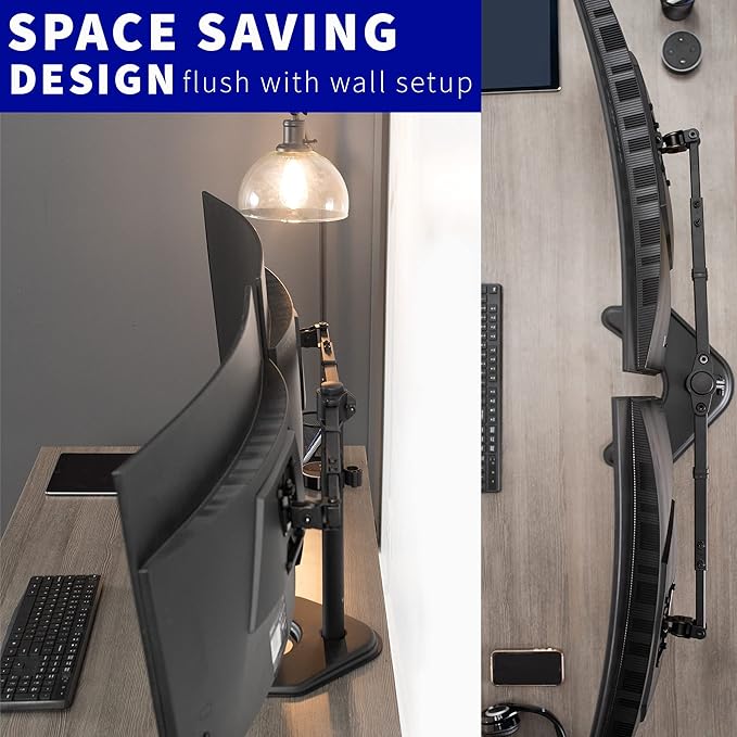 VIVO Premium Dual Ultra Wide LCD LED 27 to 38 inch Monitor Desk Stand, Heavy Duty, Free-Standing Telescoping Arms, Flush Wall Setup, Fits 2 Screens, Black, STAND-TS38B