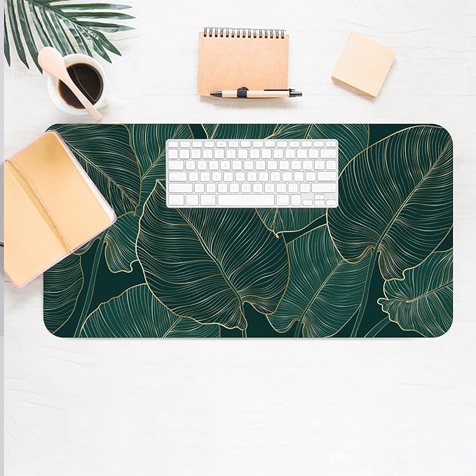Desk Mat Large Protector Pad 31.5" ×15.7", Non-Slip PU Leather Desk Blotter, Waterproof Mouse Pad for Office Home Palm Leaves